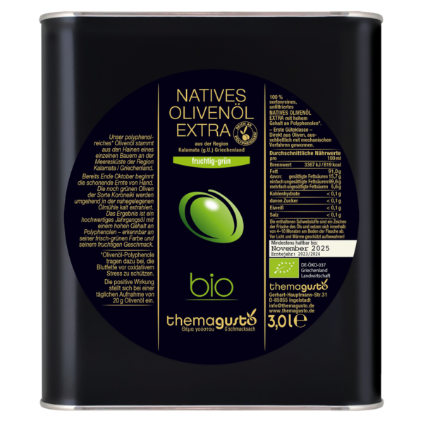 Natives Olivenöl extra Bio (Finikounda) - 3 l Kanister (ÖkoP: DE-ÖKO-037)